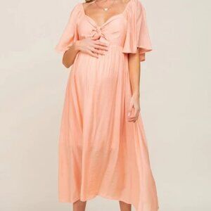 PinkBlush Peach Front Tie Ruffle Sleeve Maternity Midi Dress